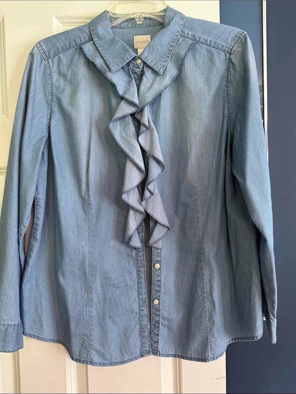 Chico's Medium Blue Ruffle Front Chambray Button-Down Shirt